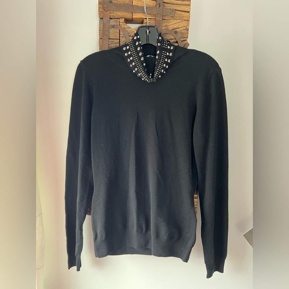 Versace Black V-Neck Sweater with Studded Collar